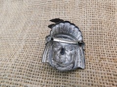 Vtg Souvenir American Indian 3D Brooch Pin Pressed Tin/Zinc/Pewter w/ Blue Beads