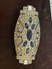 Art Deco Blue Uranium Glow Clear Paste Brooch w/ Baguette & Pavé Rhinestones 2”