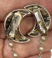 Vintage Sweater Guard Clip Crescent Moon Yellow Glass Teardrop Cabochons