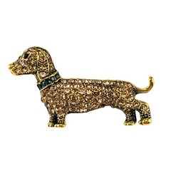 Brooch Dachshund Wiener Dog Golden Brown Crystals on Gold Tone