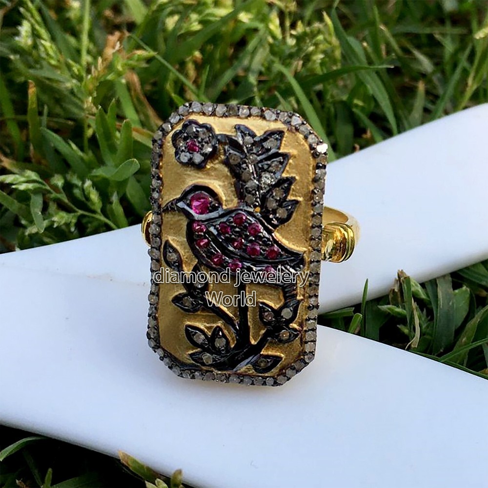 Gorgeous 1.95ct Rose Cut Diamond Ruby Studded Silver Victorian Bird Ring Jewelry