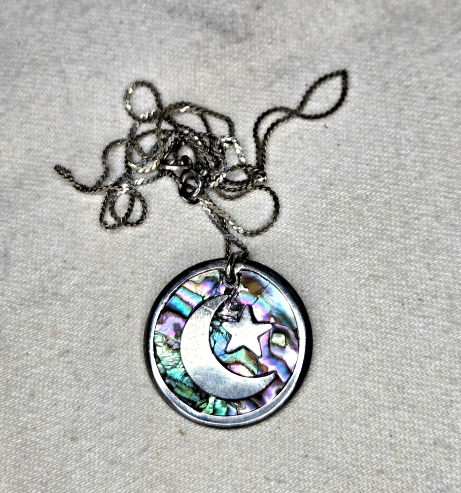 Vintage Sterling Silver Abalone Star Crescent Moon 18″ Serpentine Necklace