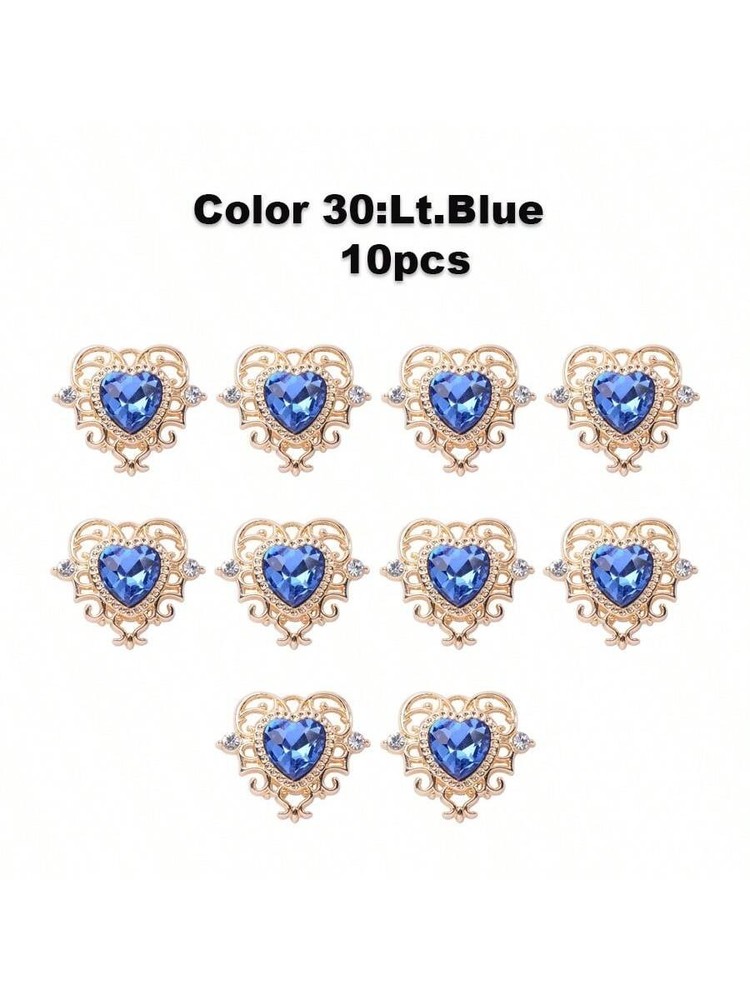 10pcs Light Blue 10 Heart Pendant Gold Zinc Alloy Rhinestone Baroque Style