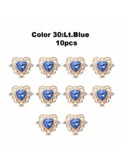 10pcs Light Blue 10 Heart Pendant Gold Zinc Alloy Rhinestone Baroque Style