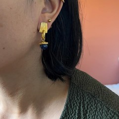 Vintage 80s blue and gold drop earrings glam retro small gift for her