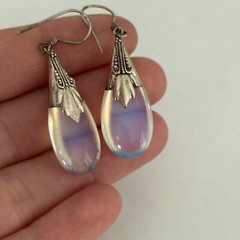 Vintage Sterling Silver Opaline Glass Dangle Earrings