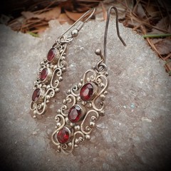 Vintage Sterling Silver 925 Dangle & Filagree Earrings With Red Colored Stone