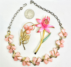 Lot Lisner PINK Moonglow Lucite Necklace, Park Lane & Other Rhinestone Brooches