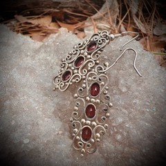 Vintage Sterling Silver 925 Dangle & Filagree Earrings With Red Colored Stone