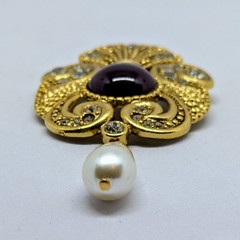 JEFF LIEB Vintage Brooch Pin Glass Rhinestones Cabochon Faux Pearl Purple