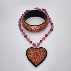 Vintage India Hand Painted Bangle Necklace Heart Floral Boho Beads