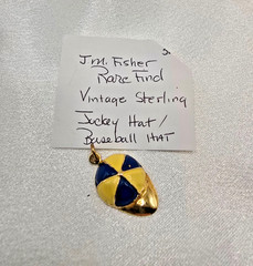Rare J.M. Fisher Sterling Silver Enamel Jockey Cap Charm Blue Yellow Horse Racin