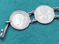 United Kingdom 3 Pence Silver Coin Link Bracelet: 7″ Long, King George
