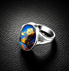 Natural Unique Deep Blue Amber 925 Sterling Silver Ring US#7.25