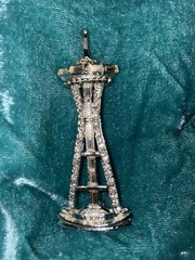 Vintage Space needle Brooch silver tone rhinestones none missing signed CENTURY