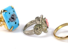 Vtg Victorian Revival Ring Lot Green Glass Blue Flower Enamel Adjustable