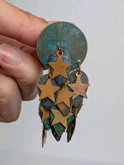 Large Vintage Artisan Verdigris Boho Brass Celestial Stars Dangle Earrings India