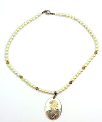 Faux Pearls & Pink Rhinestones Necklace With Carved Mother of Pearl Cameo VTG