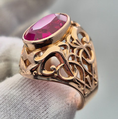 Vintage Soviet 14K Rose Gold Ring 583 with Stone • 11g • Original USSR Jewelry