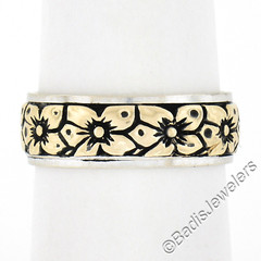 Vintage 14k Two Tone Blackened Gold 6.4mm Engraved Floral Work Wide Band Ring