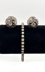 Vtg CZECH Screw-back Cluster EARRINGS and BRACELET SET-Gold Tone-RHINESTONE