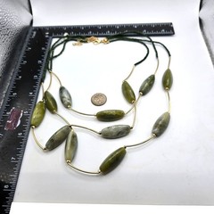 Necklace Vintage Three Strand Green Beads Gold Tone Chain 22-24″ SKU2146