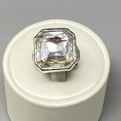 Large Rhinestone Ring Clear Glass Silver Tone Band Bezel Set Wide Band Sz 7.75