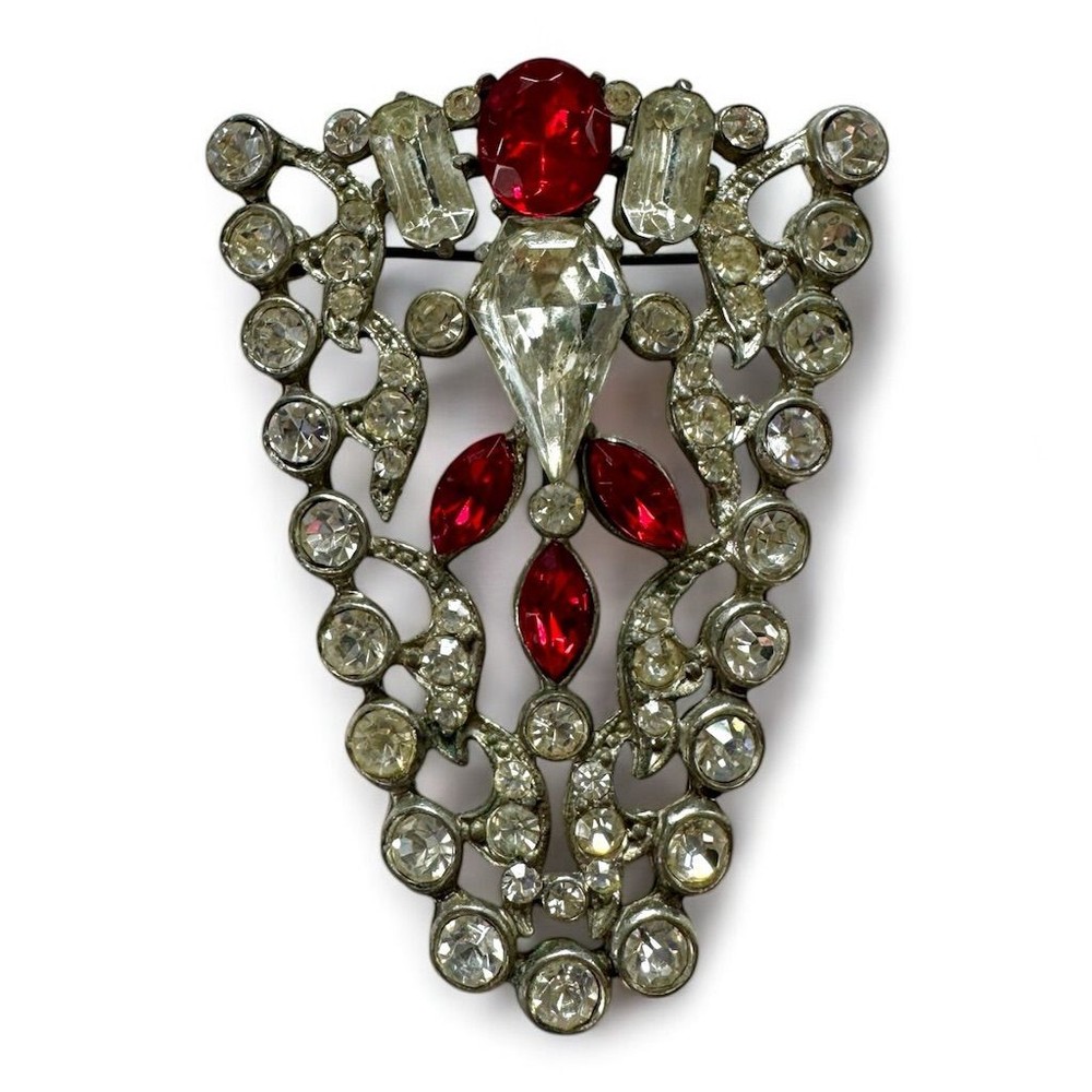 Art Deco Red & Clear Rhinestone Brooch Vintage 1915-1935