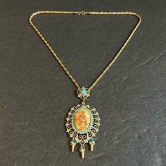 Juliana D&E Necklace Book Piece Courting Couple Transfer Cabochon Turquoise Vtg