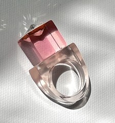 Vintage Lucite Ring Size 7.75 Coral Peach Rhinestone Modern Chunky Cubism Unisex