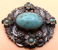 Czech Silver Faux Turquoise Blue Glass Round Brooch-Czech Republic