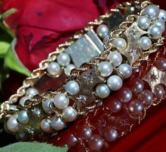14k yellow gold bracelet 5-5.5mm cultured pearl 0.5ct diamond 7.5″ antique 43.0g
