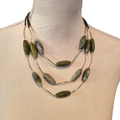Necklace Vintage Three Strand Green Beads Gold Tone Chain 22-24″ SKU2146