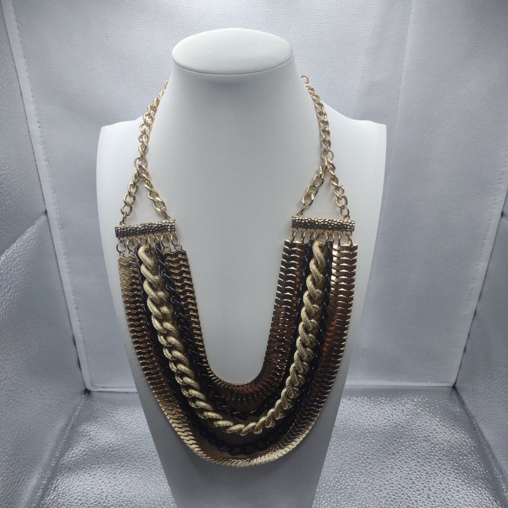 Chicos Gold Layered Chain Bib Necklace Long Adjustable