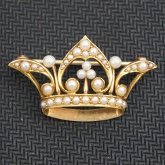 Antique Crown Brooch 14k Yellow Gold Seed Pearl Vintage Excellent 4g 1.125″