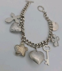 Vintage Silver Tone Chunky Charm Bracelet Heart Key Clover 8″ Cross Love Luck