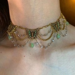 Vintage Butterfly Choker Necklace Gold Tone Crystal Beaded Women Jewelry Gift