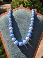 Vintage Hong Kong Blue Plastic Beaded Necklace Graduated Long Chunky Deadstock