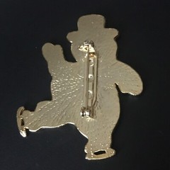 Snowman Ice Skating Christmas Winter Pin Gold Tone Metal & Enamel Vintage