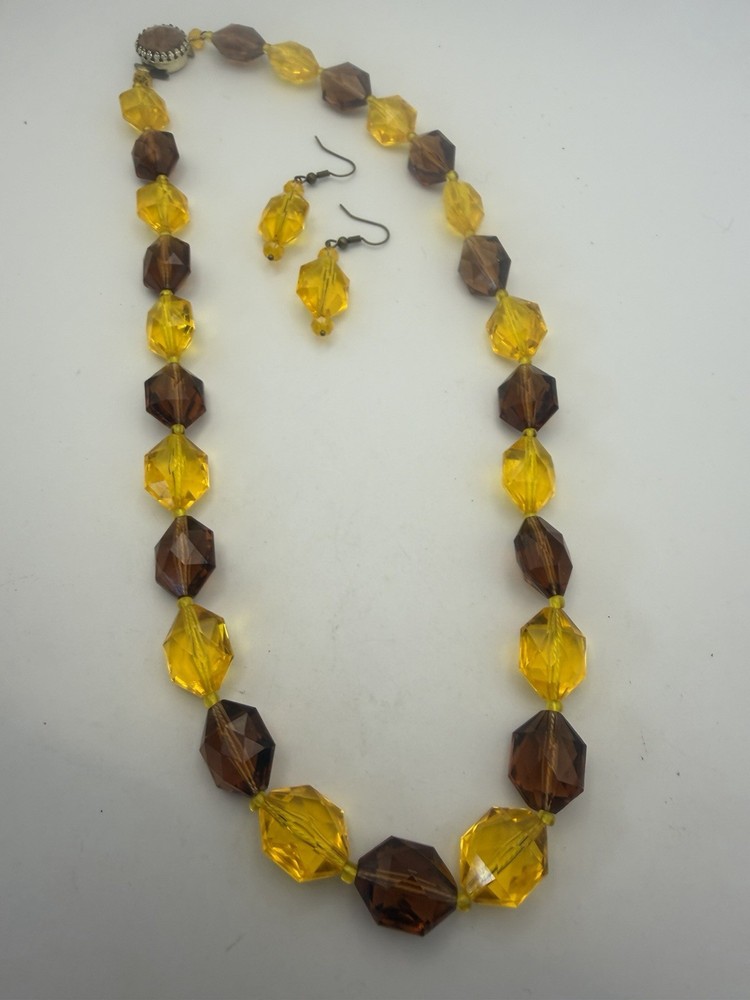 West Germany Necklace/Earrings Yellow Amber Acrylic Faceted Beads Vintage