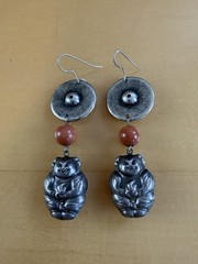 Antique Ching Qing Period Chinese Dangle Coral Happy Baby Sterling Earrings RARE