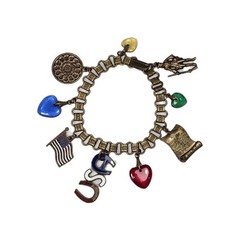VTG United States US History Charm Bracelet Brass Enamel Bookchain Heart Charms