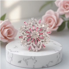 BROOCH- Beautiful Pink and Clear Rhinestone Snowflake, Silvery Metal Tone