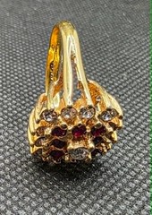 RARE! Vintage Genuine 18K HGE Glass Rhinestones Ruby Red Gold Tone Ring Size?