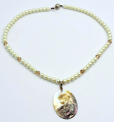 Faux Pearls & Pink Rhinestones Necklace With Carved Mother of Pearl Cameo VTG