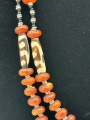 Vintage African Batik Bone Carnelian Trade Bead Multi Strand Necklace Statement