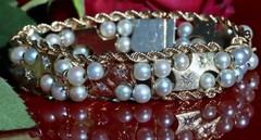 14k yellow gold bracelet 5-5.5mm cultured pearl 0.5ct diamond 7.5″ antique 43.0g