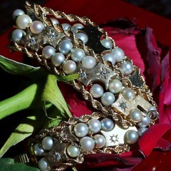 14k yellow gold bracelet 5-5.5mm cultured pearl 0.5ct diamond 7.5″ antique 43.0g