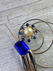 Vintage Artistic Silver Tone Brooch Faux Pearl Colbalt Rhinestone Cluster Circle