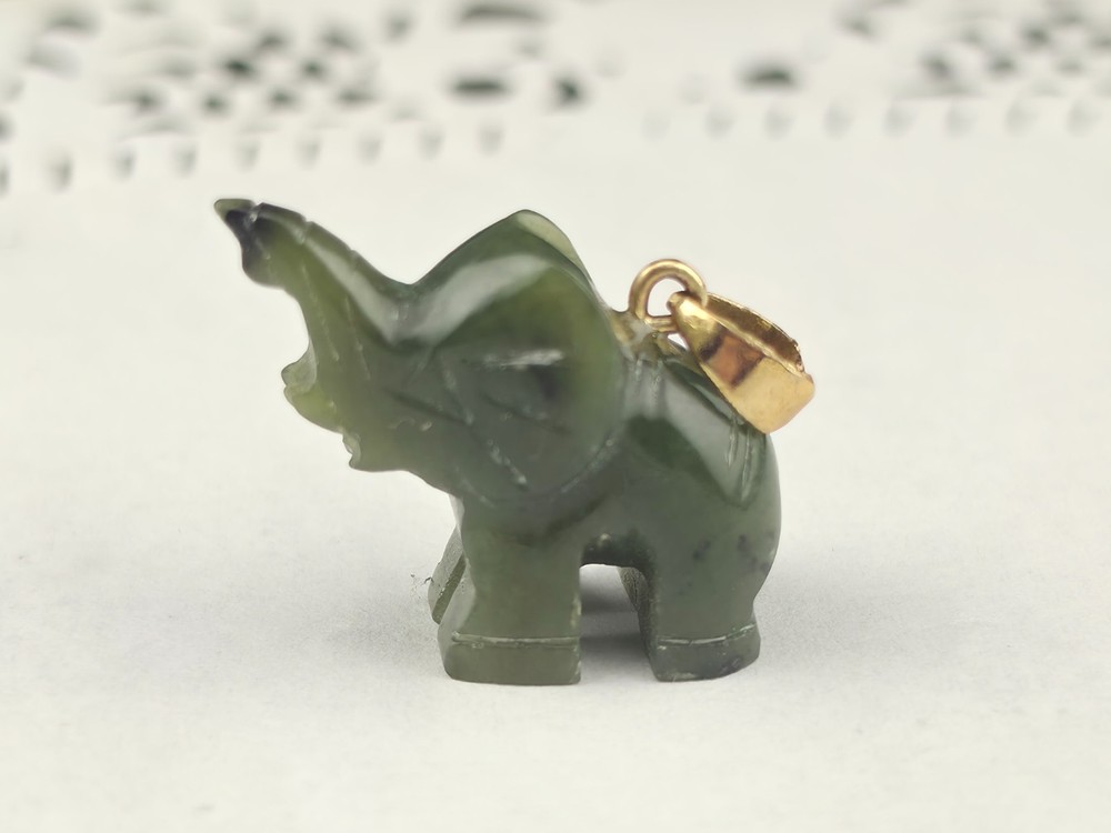 Vintage 28mm Dark Green Nephrite Jade Lucky Elephant Trunk Up Pendant Gold Fill
